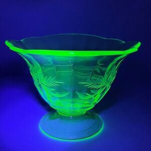 Vintage Uranium Glass Pedestal Dish Etched Floral Vaseline Glow Bowl